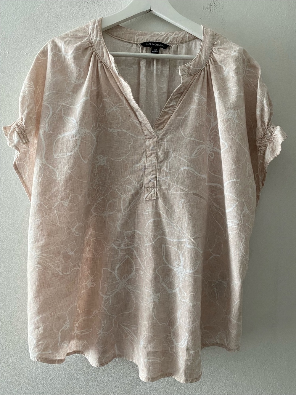 Zac & Rachel Women's 3X Linen Blend Top Blouse Beige V-Neck Short Sleeve